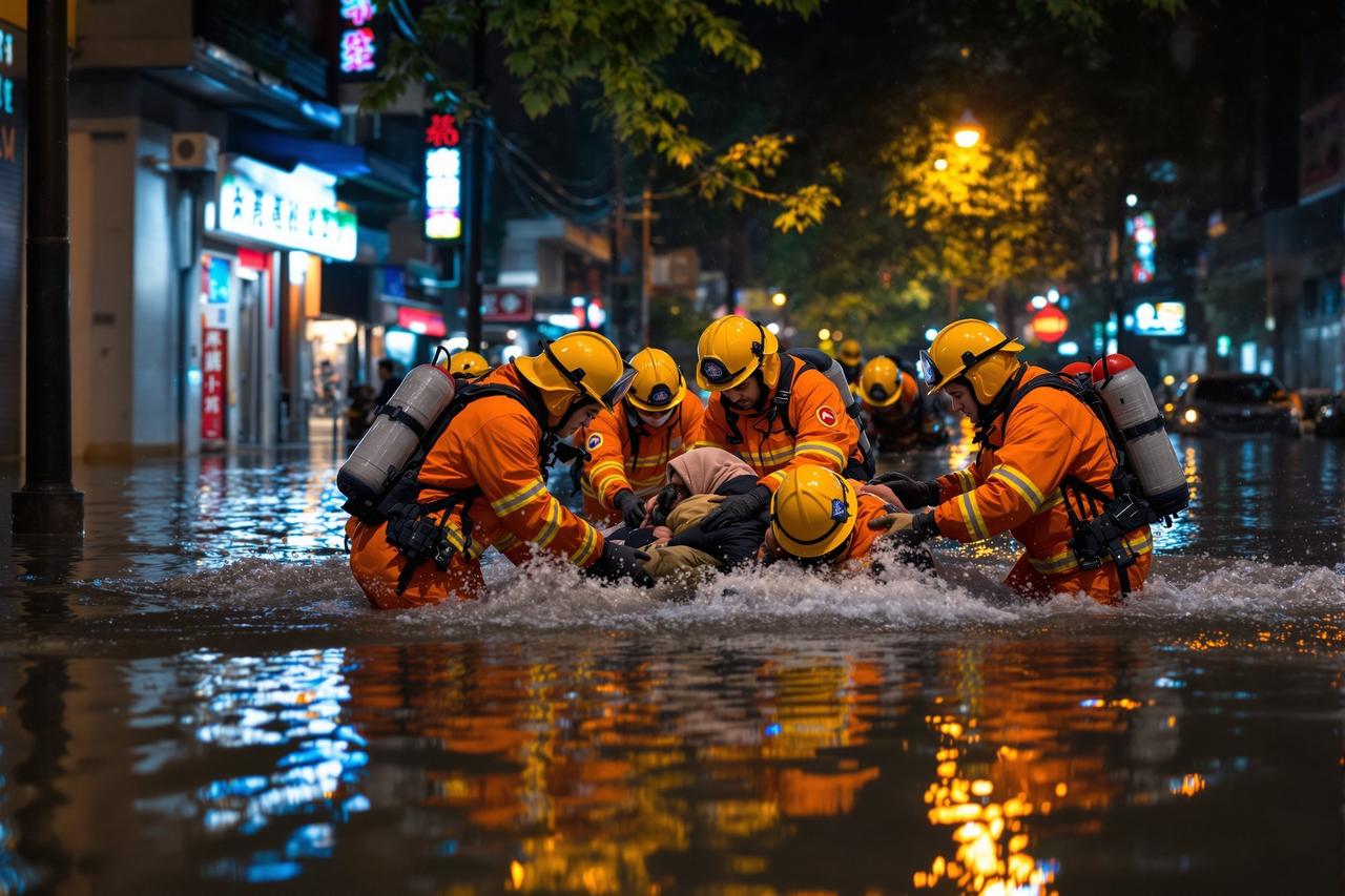 某市暴雨致城区内涝，消防员连夜转移被困群众200余人